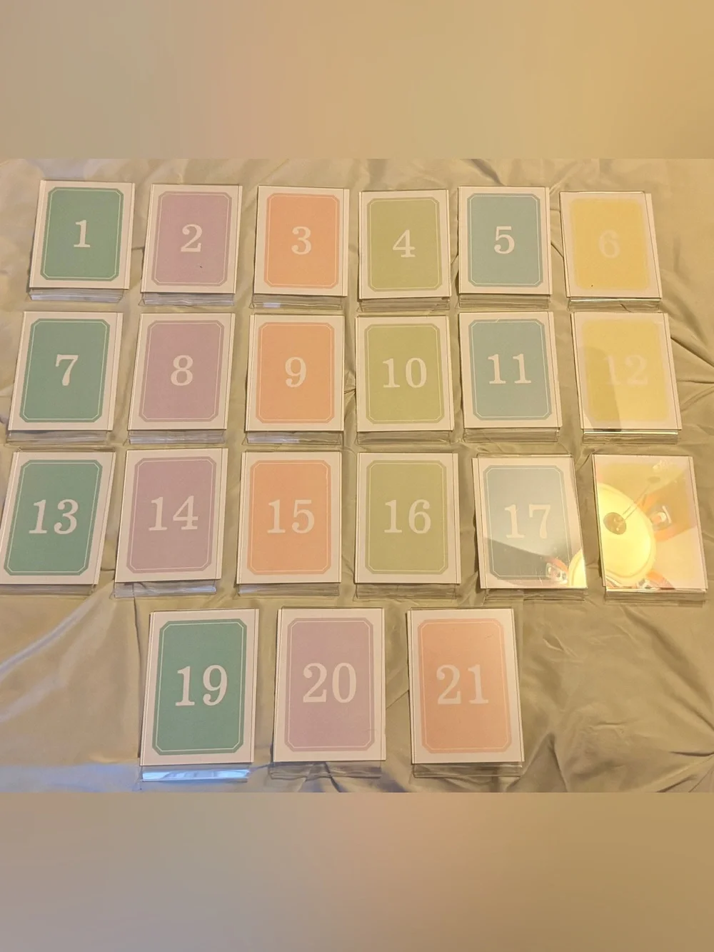 Set of 21 Numbered Pastel Cards - Mint, Lavender, Peach, Sage, Yellow